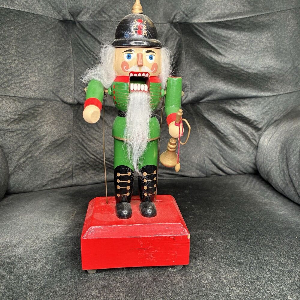 Wooden Animated Nutcracker W/Horn Music Box Moving Mouth & Arms 11" SF Music